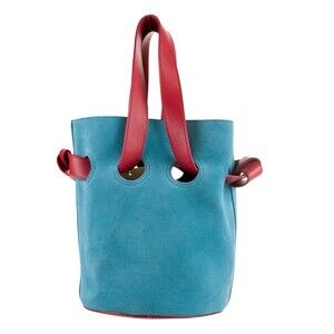 Trademark Bucket Bag Suede Leather Trimmed  Blue Red Handle